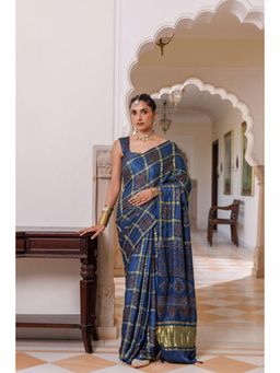 Geroo Jaipur - Women Blue Silk Handloom Saree with Unstitched Blouse