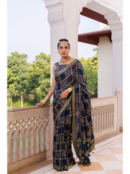 Geroo Jaipur - Women Indigo Silk Handloom Saree with Unstitched Blouse