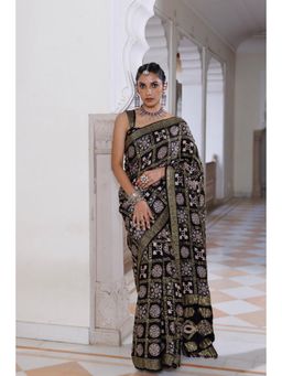 Geroo Jaipur - Women Black Silk Handloom Saree with Unstitched Blouse