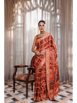 Geroo Jaipur - Women Orange Silk Handloom Saree with Unstitched Blouse