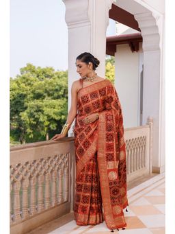 Geroo Jaipur - Women Orange Silk Handloom Saree with Unstitched Blouse