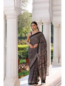 Geroo Jaipur - Women Black Silk Embellished Saree with Unstitched Blouse
