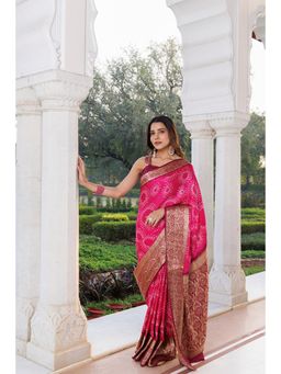 Geroo Jaipur - Women Pink Silk Handloom Saree with Unstitched Blouse