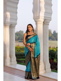 Geroo Jaipur - Women Blue Silk Handloom Saree with Unstitched Blouse