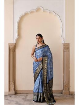 Geroo Jaipur - Women Blue Silk Handloom Saree with Unstitched Blouse