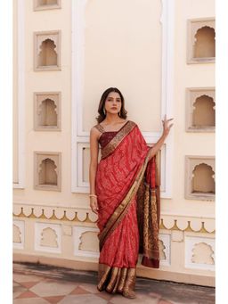 Geroo Jaipur - Women Red Silk Handloom Saree with Unstitched Blouse