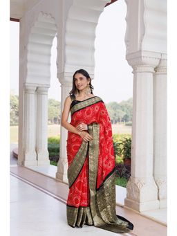 Geroo Jaipur - Women Red Silk Handloom Saree with Unstitched Blouse
