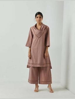 MARKKAH STUDIO - Mauve Chambray Cowl Neck Solid Kurta with Palazzo