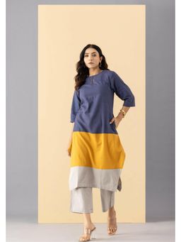 MARKKAH STUDIO - Multi-Color Chambray Keyhole Neck Colorblock Kurta with Palazzo