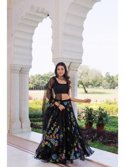 Geroo Jaipur - Women Black Chiffon Lehenga with Unstitched Blouse and Dupatta