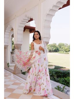 Geroo Jaipur - Women White Chiffon Lehenga with Unstitched Blouse and Dupatta