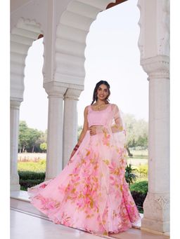 Geroo Jaipur - Women Pink Chiffon Lehenga with Unstitched Blouse and Dupatta
