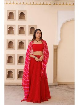 Geroo Jaipur - Women Red Chiffon Lehenga with Unstitched Blouse and Dupatta