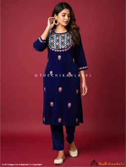 The Chikan Label - Sunehri Velvet Chikankari Straight Kurta And Pant - Blue