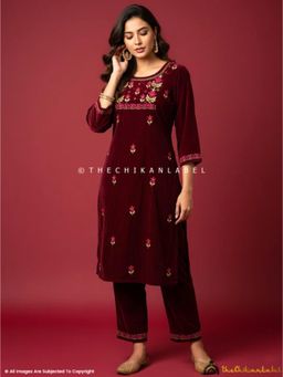 The Chikan Label - Sunehri Velvet Chikankari Straight Kurta And Pant - Maroon