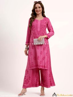The Chikan Label - Nazakat Rayon Chikankari Pink Kurta with Palazzo