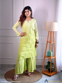 The Chikan Label - Lime Green Nazakat Rayon Chikankari Kurta with Palazzo
