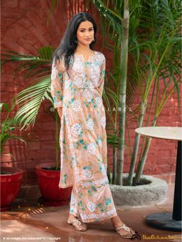 The Chikan Label - Darmiyan Mulmul Cotton Peach Kurta with Palazzo