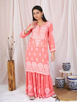 The Chikan Label - Peach Sun Modal Chikankari Kurta with Garara
