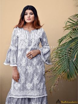 The Chikan Label - Bandhani Mulmul Cotton Chikankari Grey Kurta with Palazzo