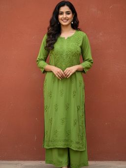 The Chikan Label - Green Modal Chikankari Kurta with Palazzo
