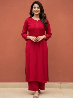 The Chikan Label - Red Modal Chikankari Kurta with Palazzo
