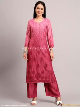 The Chikan Label - Gehna Chanderi Chikankari Pink Kurta with Palazzo