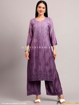 The Chikan Label - Gehna Chanderi Chikankari Mauve Kurta with Palazzo