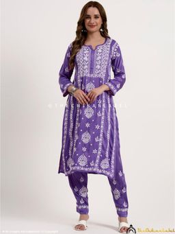 The Chikan Label - Sadia Satin Modal Lavender Chikankari Kurta With Pant