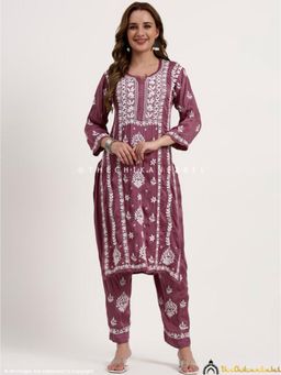 The Chikan Label - Sadia Satin Modal Mauve Chikankari Kurta With Pant