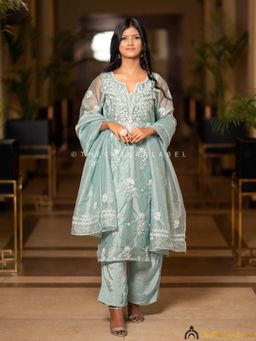 The Chikan Label - Teal Green Tahilya Organza Straight Kurta Set With Dupatta