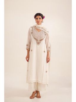 Tatwa Designs - Women White Chanderi Embroidered Top with Palazzo and Dupatta