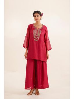 Tatwa Designs - Women Red Chanderi Embroidered Top with Palazzo and Dupatta