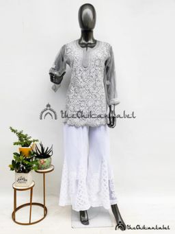 The Chikan Label - Grey Georgette Lucknow Chikankari Tunic with Sharara