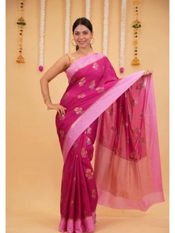 Isadora Life - Pink Floral Pre-draped Saree With Unstitched Blouse