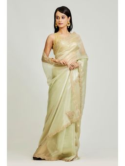 Aparnaa - Olive Green Organza Tissue Saree with Unstitched Blouse