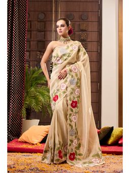 Aparnaa - Beige Tissue Applique Saree with Unstitched Blouse