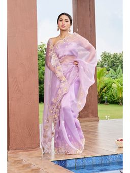 Aparnaa - Lavender Hand Embroidered Tissue Saree with Unstitched Blouse