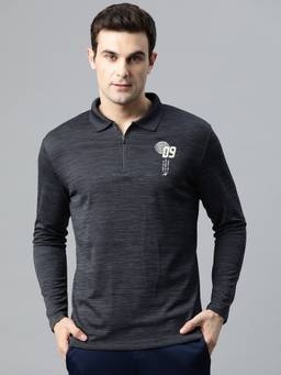 Alcis - Men Graphic Printed Polo Collar Dry Tech Slim Fit Charcoal T-Shirt