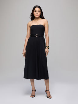 Twenty Dresses by Nykaa Fashion - Black Twill Fit & Flare Smocked Tube Midi Dress with Belt