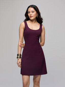 Twenty Dresses by Nykaa Fashion - Wine Knitted Scoop Neck Fit and Flare Mini Dress