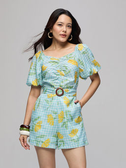 Twenty Dresses by Nykaa Fashion - Green Floral Sweetheart Neck Playsuit with Belt