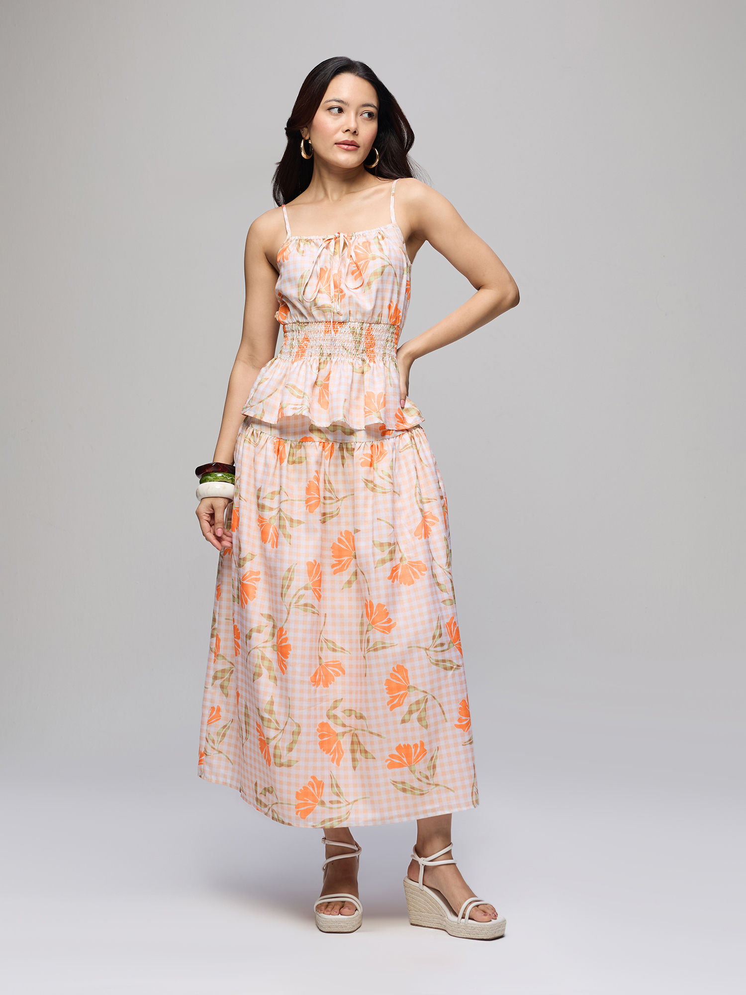 Orange Checks Strappy Top with Flared Midi Skirt-picture-23