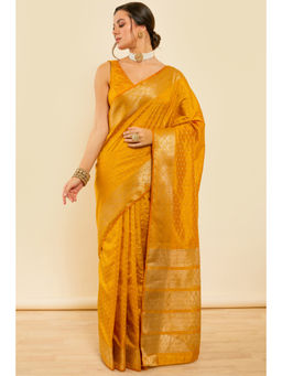 Soch - Womens Mustard Zari Synthetic Woven Design Silk Saree with Unstitched Blouse