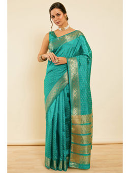 Soch - Womens Teal Zari Synthetic Woven Design Silk Saree with Unstitched Blouse