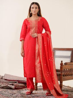 Gahan - Raw Silk Festive Yoke Embroidered Red Kurta Pant & Zari Border Dupatta (Set of 3)