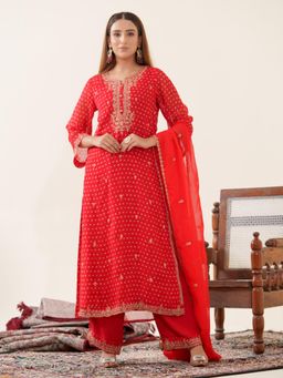 Gahan - Organza Festive Intricate Yoke Embroidered Bandhani Red Kurta Pant & Dupatta (Set of 3)