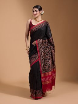 Nyri - Traditional Paisley Motif Border and Pallu Cotton Silk Maroon Saree & Unstitched Blouse