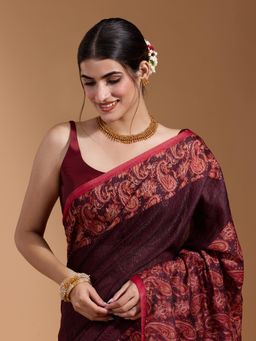 Nyri - Traditional Paisley Motif Border and Pallu Cotton Silk Maroon Saree & Unstitched Blouse