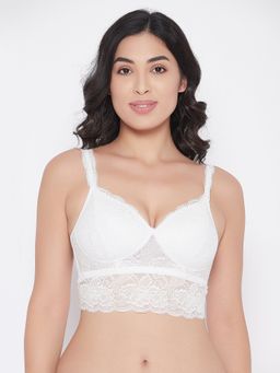 Clovia - Padded Non-Wired Full Cup Longline Bralette In White - Lace